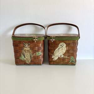 Pair of Vintage Basketville Woven Wood Basket/Bucket Purses with Owl Detail
